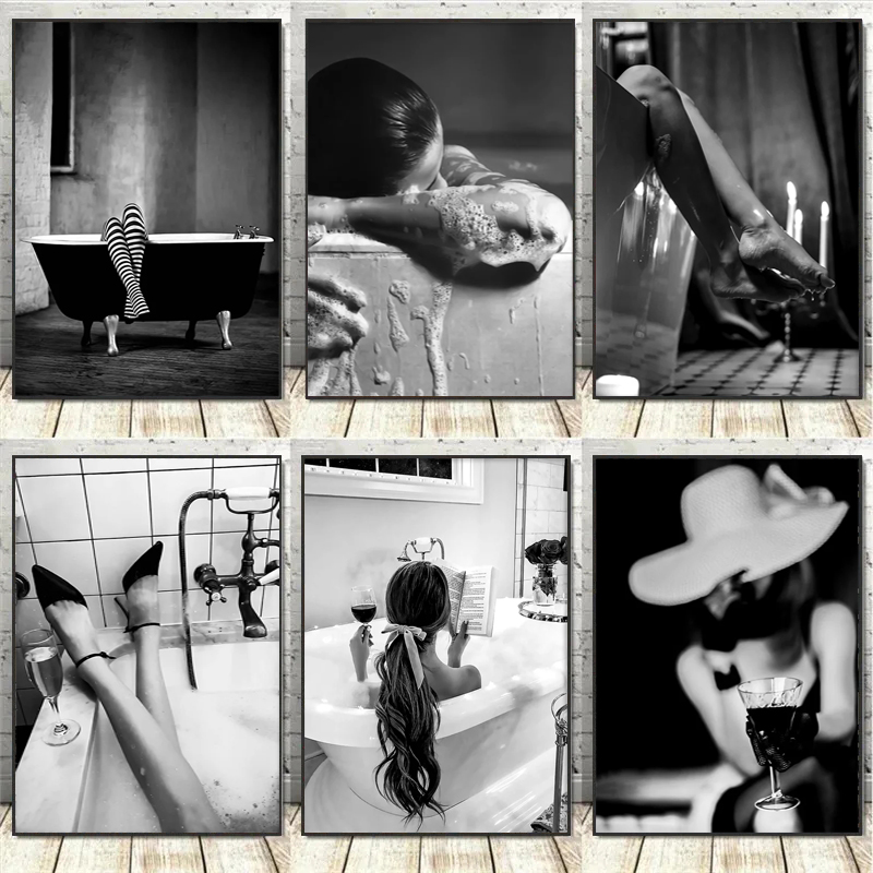Vintage Fashion Art - Schwarz-Weißes Badezimmer-Leinwandbild Frau in Badewanne Druckposter