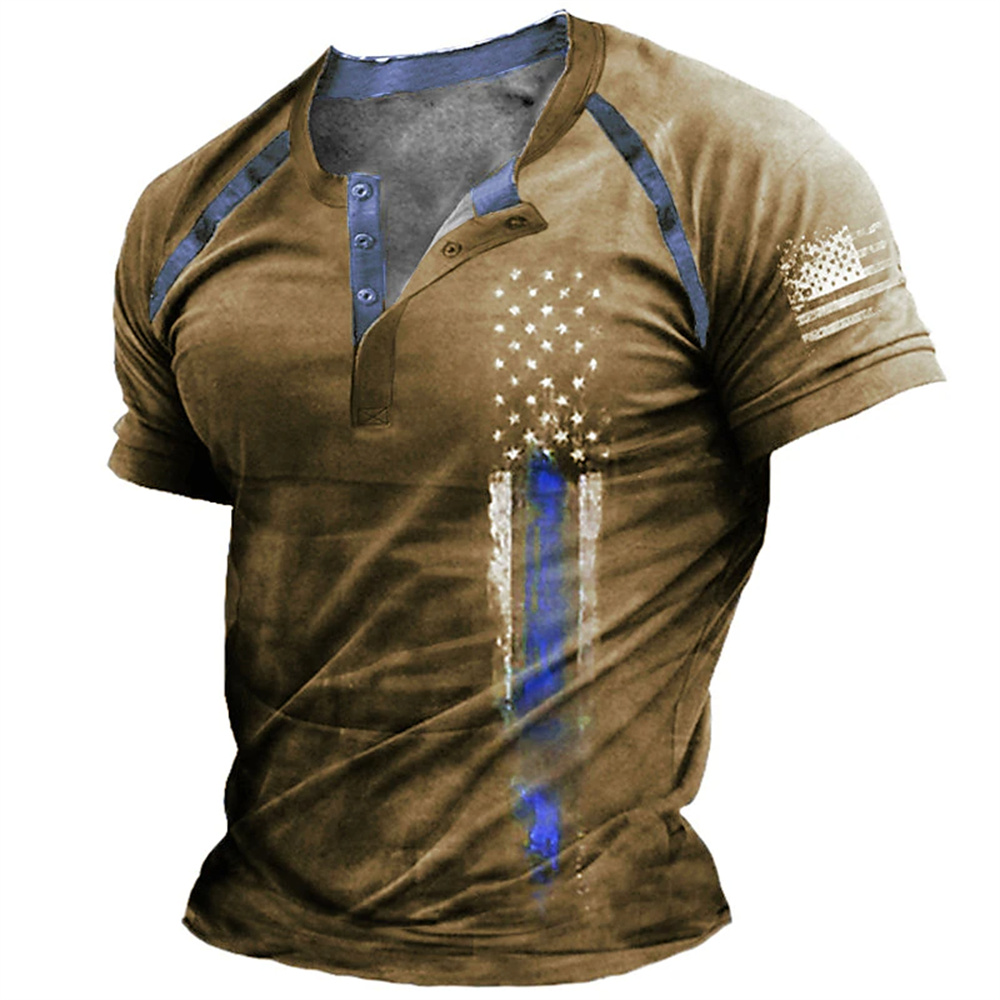 Vintage Fashion Prints - Lustiges 3D-amerikanische-Flaggen-Print Herren-Henley-Shirt, modisches Henley-Kragen-Kurzarmshirt, Sommer-Streetwear,