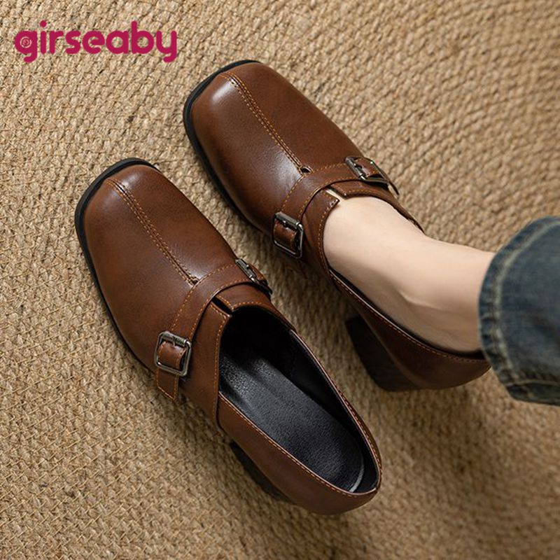 Vintage Fashion Design - Girseaby Vintage-Damen-Pumps, quadratische Zehenpartie, Blockabsätze, Slip-On-Gürtelschnalle,